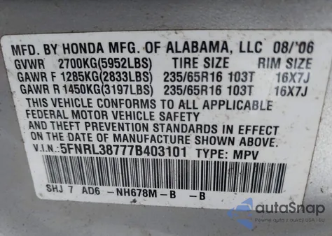2007 Honda Odyssey Ex-L z USA, uszkodzony, nr VIN 5FNRL38777B403101